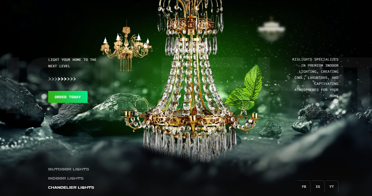 Kislights premium indoor lighting — a gold crystal chandelier lit against deep green, creating a luxurious atmosphere