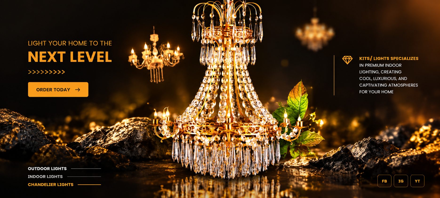 Light your home to the next level — a lit gold crystal chandelier over dark rock, with Kislights premium indoor lighting
